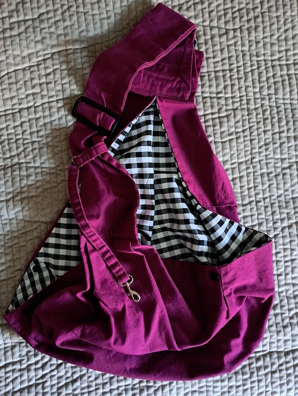Magenta Crossbody DOG Travel Sling Bag with Black & White Gingham Lining